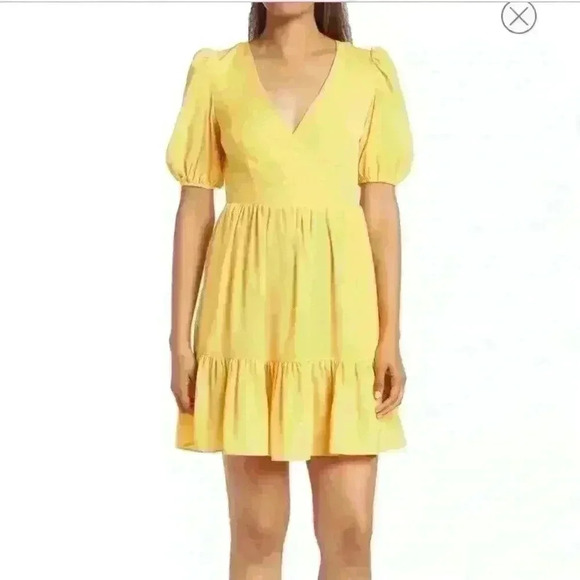 Eliza J Yellow Surplice Neck Puff Sleeve Fit & Flare Dress - Picture 1 of 3